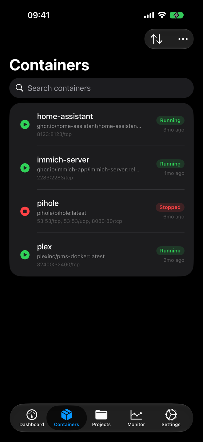 Container list with start and stop controls