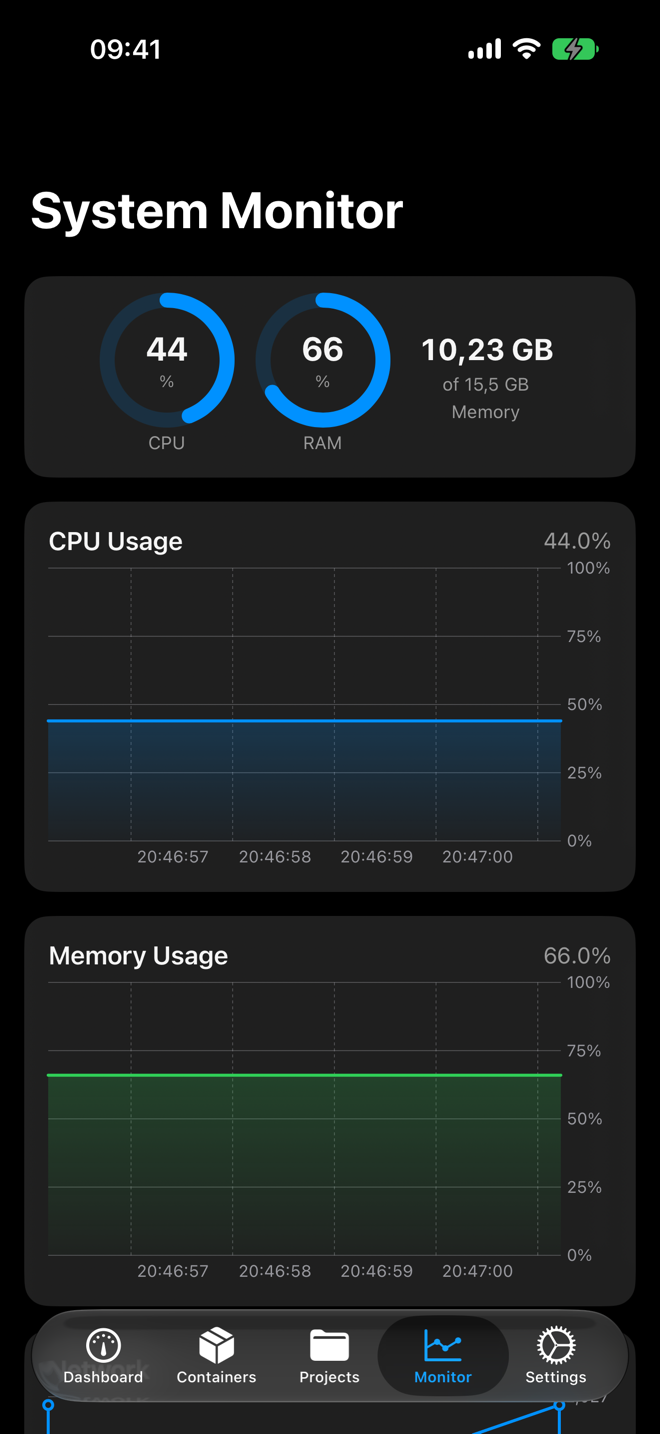 System monitor with rolling CPU and memory history